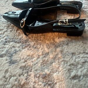Larroude Black Patent Pointed Slingback Mules